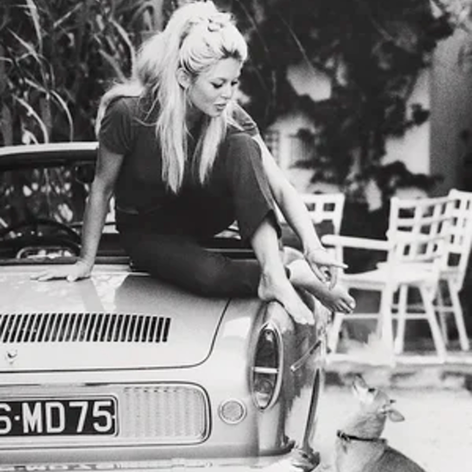 Black and white photo of a woman sitting on a car hood, looking at a dog.