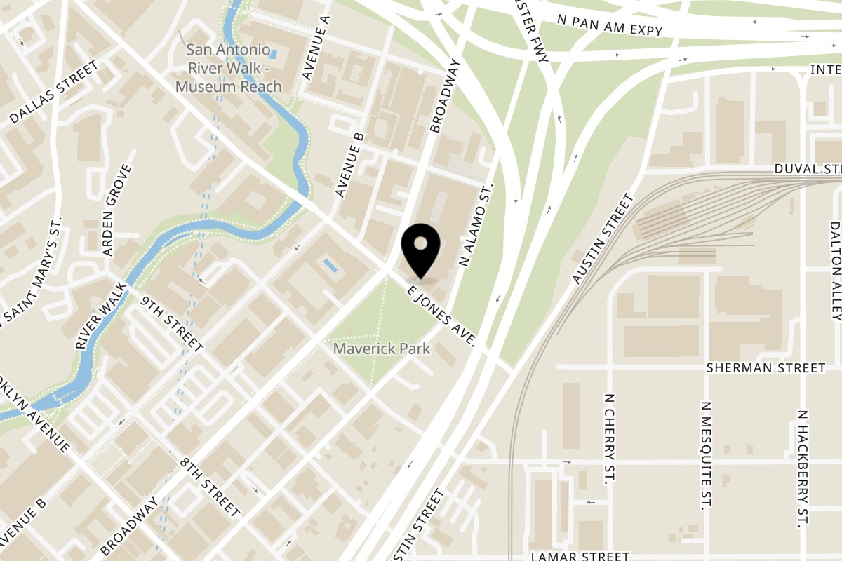 Map showing the location of Kiki's Coffee & Spirits on 1100 Broadway in San Antonio